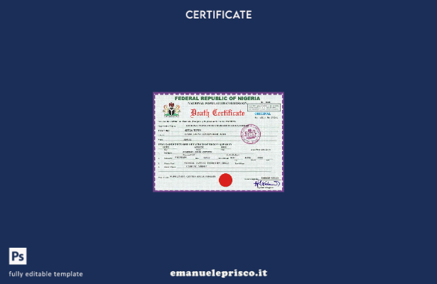 modello PSD del certificato di morte del documento di stato civile della Nigeria